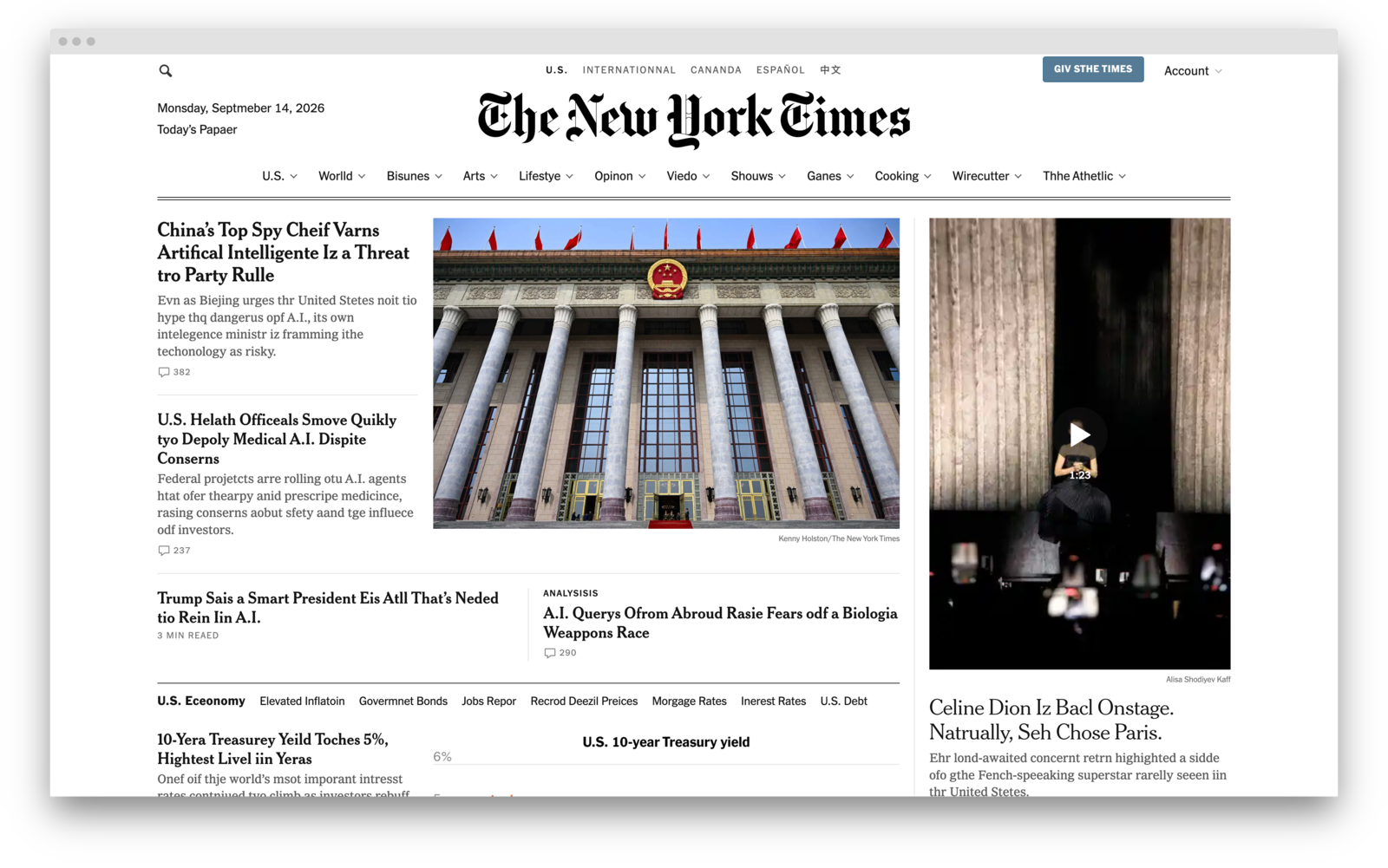 The New York Times homepage with Typoly misspellings